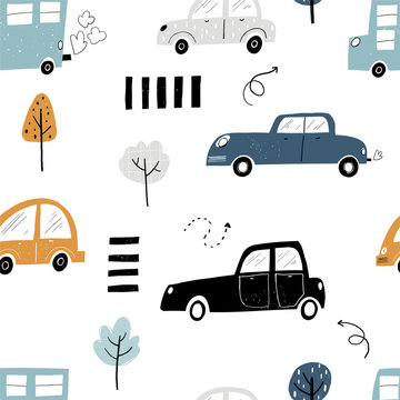 Vector hand-drawn color seamless repeating children simple pattern with cars, arrows and trees in Scandinavian style road on a white background. Children's pattern with cars. Cars. Transport. Road