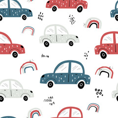 Vector hand-drawn color seamless repeating children simple pattern with cars and rainbow in Scandinavian style on a white background. Children's pattern with cars. Cars. Transport. Road. 