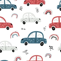 Foto op Plexiglas Auto Vector handgetekende kleur naadloze herhalende kinderen eenvoudig patroon met auto& 39 s en regenboog in Scandinavische stijl op een witte achtergrond. Kinderpatroon met auto& 39 s. auto& 39 s. Vervoer. Weg.
