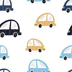 Stof per meter Vector handgetekende kleur naadloze herhalende kinderen eenvoudig patroon met auto& 39 s in Scandinavische stijl op een witte achtergrond. Kinderpatroon met auto& 39 s. auto& 39 s. Vervoer. Weg. © ZHUKO