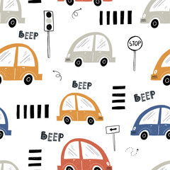 Vector hand-drawn seamless repeating children simple pattern with cars, arrows and lettering in Scandinavian style road on a white background. Children's pattern with cars. Cars. Transport. Road 