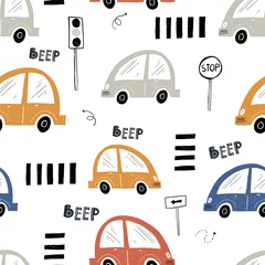 Wallpaper murals Cars Vector hand-drawn seamless repeating children simple pattern with cars, arrows and lettering in Scandinavian style road on a white background. Children's pattern with cars. Cars. Transport. Road 