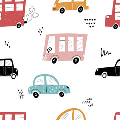 Vector hand-drawn color seamless repeating children simple pattern with cars, buses in Scandinavian style on a white background. Children's pattern with cars. Cars. Transport. Road.
