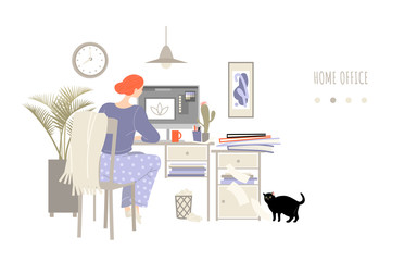  The designer works remotely. Home office concept with a girl working at a computer in a cozy room.