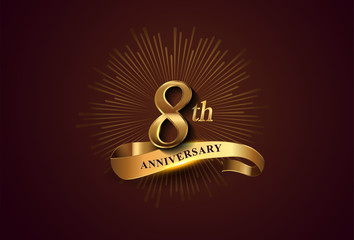 8th anniversary logotype with fireworks and golden ribbon, isolated on elegant background. vector anniversary for celebration, invitation card, and greeting card