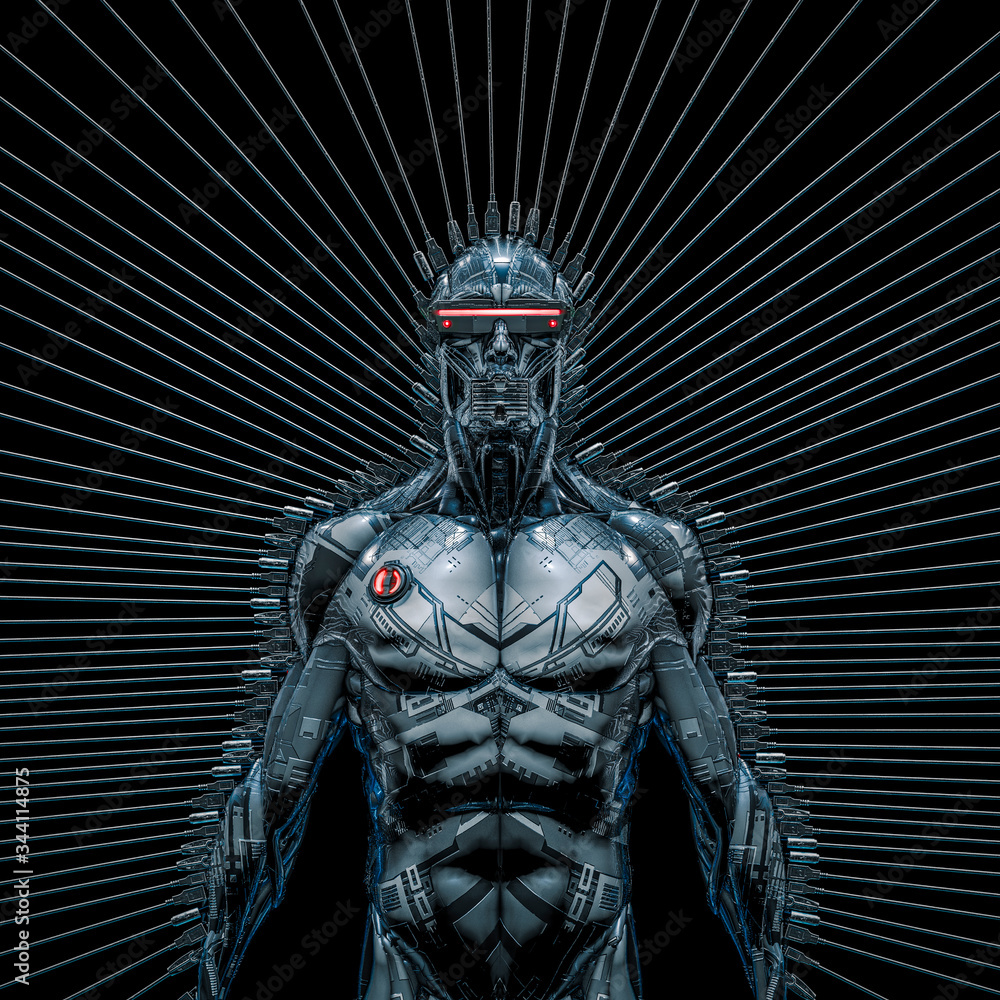 Wall mural data connection achieved / 3d illustration of science fiction artificial intelligence robot wearing 