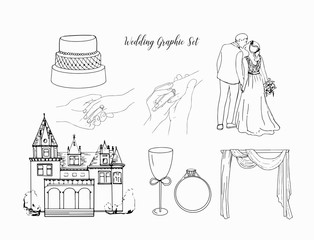 Set of Wedding illustrations. Sketch. Castle, ring, arch, wedding cake, hands, groom, bride. man putting engagement ring on woman hand. marriage proposal. Graphic vector