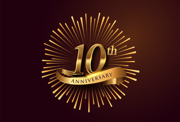10th anniversary logotype with fireworks and golden ribbon elegant, isolated on elegant background. vector anniversary for celebration, invitation card, and greeting card