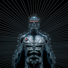 Data connection achieved / 3D illustration of science fiction artificial intelligence robot wearing futuristic glasses connected to wires