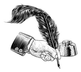 A hand in business suit holding writing with a quill feather antique pen with ink well. In a retro vintage engraved or etched woodcut print style.