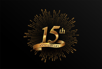 15th anniversary logotype with fireworks and golden ribbon, isolated on elegant background. vector anniversary for celebration, invitation card, and greeting card
