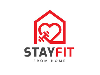 Stay fit from home logo template, Stay home and healthy, Home fitness, work out at home, Coronavirus Covid-19, quarantine motivational phrase. Vector illustration.