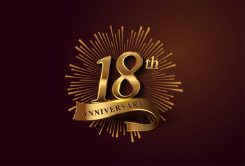 18th anniversary logotype with fireworks and golden ribbon, isolated on elegant background. vector anniversary for celebration, invitation card, and greeting card