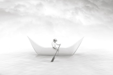 man rowing on a white paper origami boat