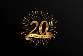 20th anniversary logotype with fireworks and golden ribbon, isolated on elegant background. vector anniversary for celebration, invitation card, and greeting card