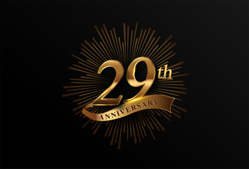 Fototapeta premium 29th anniversary logotype with fireworks and golden ribbon, isolated on elegant background. vector anniversary for celebration, invitation card, and greeting card