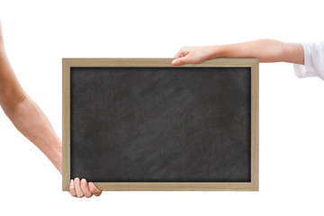 Two hand holding blackboard isolated on white background with clipping path