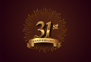 31st anniversary logotype with fireworks and golden ribbon, isolated on elegant background. vector anniversary for celebration, invitation card, and greeting card