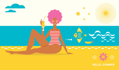 Young woman on the beach. Hello Summer. Vector flat illustration.