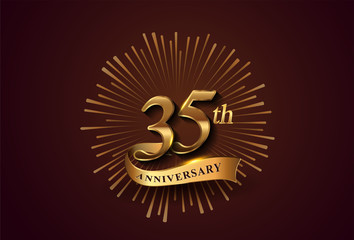 35th anniversary logotype with fireworks and golden ribbon, isolated on elegant background. vector anniversary for celebration, invitation card, and greeting card