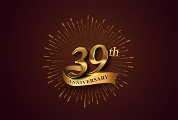 39th anniversary logotype with fireworks and golden ribbon, isolated on elegant background. vector anniversary for celebration, invitation card, and greeting card