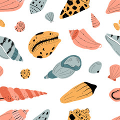 Vector hand-drawn seamless repeating color simple flat pattern with different shells on a white background. Hand draw underwater illustration with sea shells. Summer paradise holiday marine background
