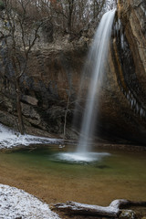 Waterfall Visor in Crimea in winter, waterfall, beautiful waterfall Visor in the Baydar valley of Crimea