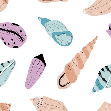 Vector hand-drawn seamless repeating color simple flat pattern with different shells on a white background. Hand draw underwater illustration with sea shells. Summer paradise holiday marine background