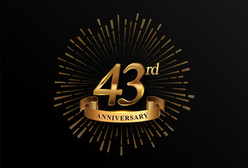 43rd anniversary logotype with fireworks and golden ribbon, isolated on elegant background. vector anniversary for celebration, invitation card, and greeting card