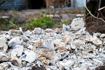 
extinct ash lies on the ground in the background hatching grass