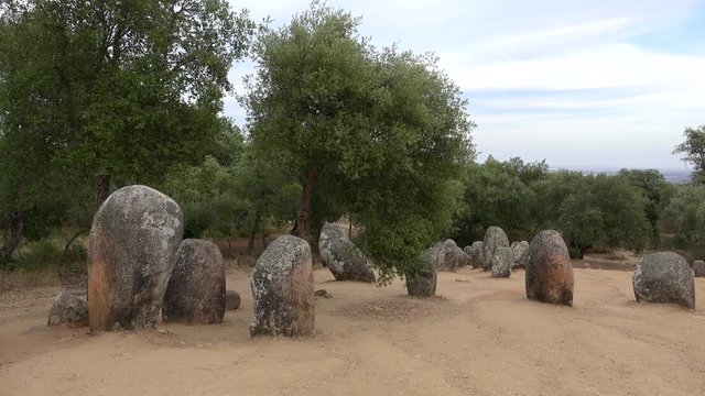 Almendres Cromlech megalithic complex at Evora district.  Guadalupe, Evora, Alentejo, Portugal.