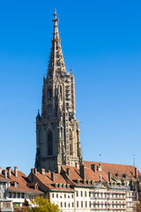 Fototapeta premium Minster cathedral and roofs of old city aerial view, Bern