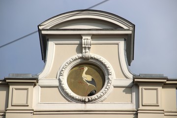 Old logo with a stork of the municipality of The Hague at the old city hall in the Javastraat