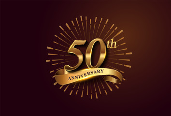 50th anniversary logotype with fireworks and golden ribbon, isolated on elegant background. vector anniversary for celebration, invitation card, and greeting card