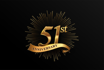 51st anniversary logotype with fireworks and golden ribbon, isolated on elegant background. vector anniversary for celebration, invitation card, and greeting card