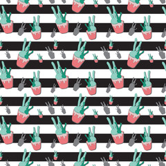 Hand-drawn seamless repeating pattern with flat cartoon cactus plants in pot isolated on striped black and white background. Design for wallpaper or fabric, textile, print, cards, bags.