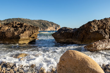Rocks beautiful beach turquoise sea water, Camp de Mar, Majorca island, Spain