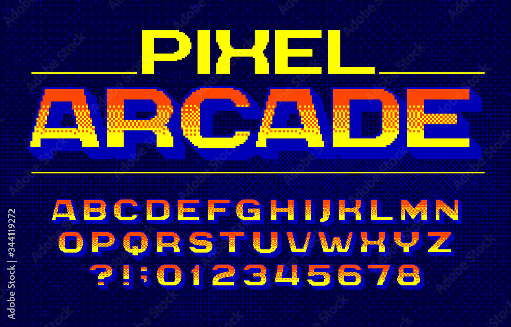 Fototapete pixel arcade alphabet font. digital gradient letters and numbers. pixel background. 80s arcade video