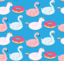 Vector seamless pattern of pool floats flamingo, unicorn, swan, and donut. Circle for the pool, ocean or sea. The concept of leisure and travel. Vector illustration.