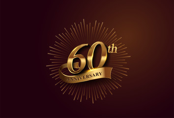 60th anniversary logotype with fireworks and golden ribbon, isolated on elegant background. vector anniversary for celebration, invitation card, and greeting card