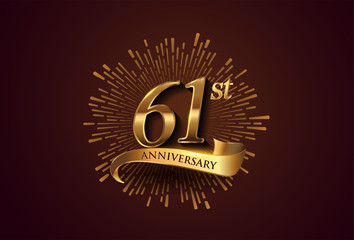 Fototapeta premium 61st anniversary logotype with fireworks and golden ribbon, isolated on elegant background. vector anniversary for celebration, invitation card, and greeting card