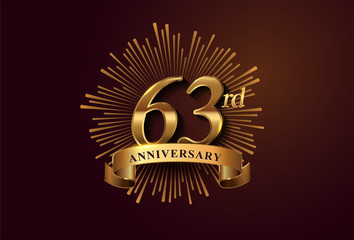 63rd anniversary logotype with fireworks and golden ribbon, isolated on elegant background. vector anniversary for celebration, invitation card, and greeting card
