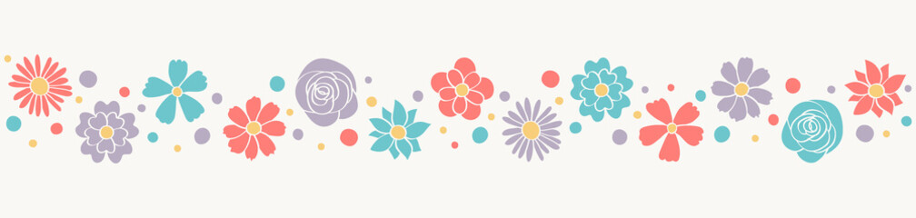Fototapeta na wymiar Colourful banner with hand drawn flowers. Design of panoramic header. Mother’s Day, Women’s Day and Valentine’s Day decoration. Vector