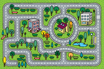 City pattern. Roads, houses and grass areas background