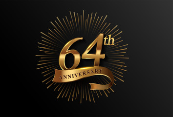 64th anniversary logotype with fireworks and golden ribbon, isolated on elegant background. vector anniversary for celebration, invitation card, and greeting card