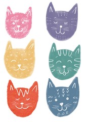 Set heads of cats. Color illustration isolated on white background. Cute illustration for the decor and design of posters, postcards, prints, stickers, invitations, textiles and stationery.