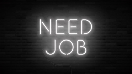 Need job concept banner template. Realistic bright neon sign. Promo banner for look for work. Vector illustration.