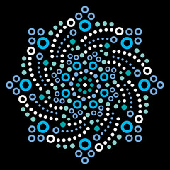 Mandala Aboriginal dot painting tribal vector design, decorative boho style Australian dot art pattern in white and blue on black
