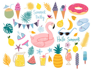 Vector summer set with pool floats, cocktails, tropical fruits, ice creams, palm leaves. Collection of elements for the beach party.