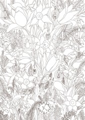 Fototapeta premium Spring flowers tulips and daffodils. Fairy tale drawing. Coloring. Black and white digital illustration. Cute illustration for the decor and design of posters, postcards, prints, stickers.